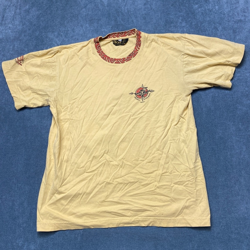VTG Pacific Line Tahiti Moorea Bora Bora T-Shirt Mens XL Yellow Tribal Graphic